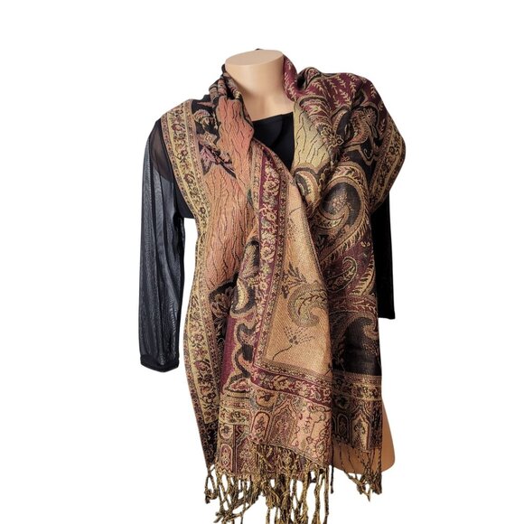 Waverly Paisley Scarf Wrap Shawl 27" X 69" Including Fringe Elegant Gold & Burgu - Picture 6 of 15